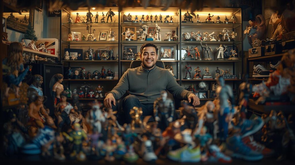 自分の趣味の部屋（コレクションルーム）で、フィギュアやスニーカーなどに囲まれて、満足げな表情で座っている男性の写真。