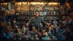 自分の趣味の部屋（コレクションルーム）で、フィギュアやスニーカーなどに囲まれて、満足げな表情で座っている男性の写真。