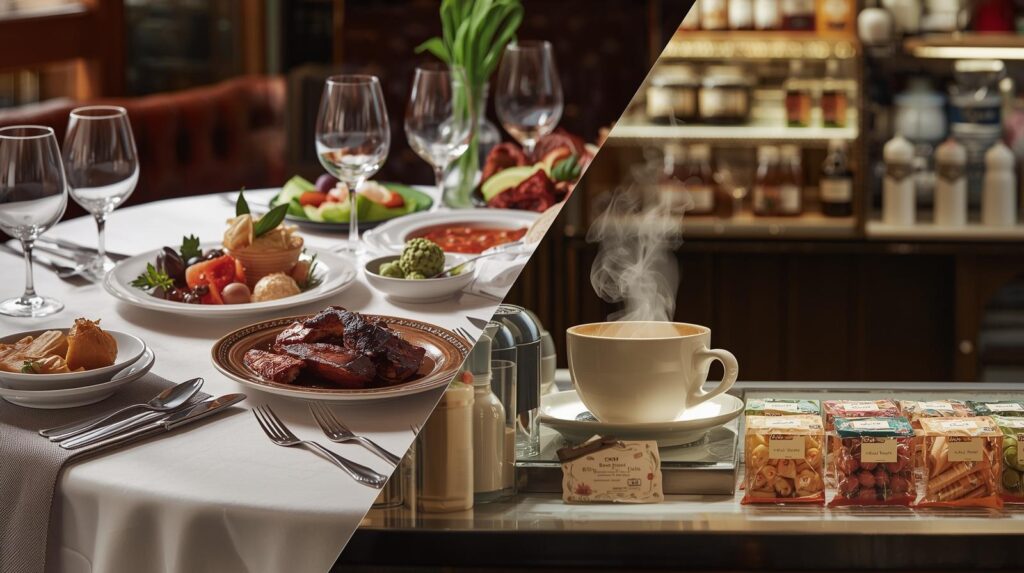 豪華なディナーの写真と、コンビニコーヒーや小さなお菓子の写真を対比させるようなイメージ。