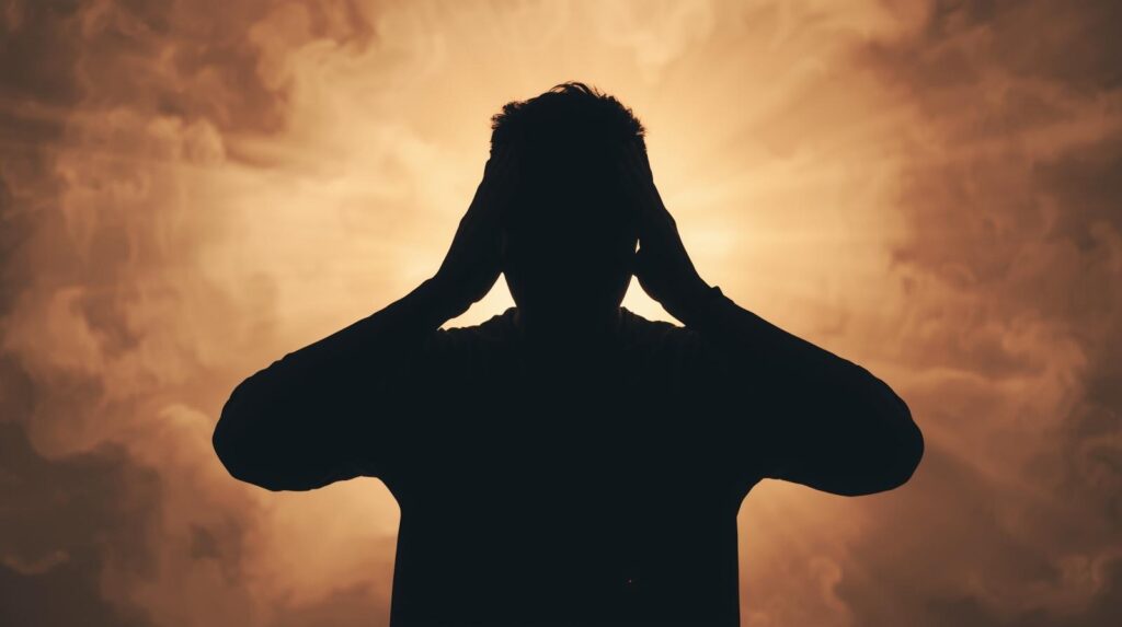 こめかみを押さえて「はぁ」とため息をついているシルエット。