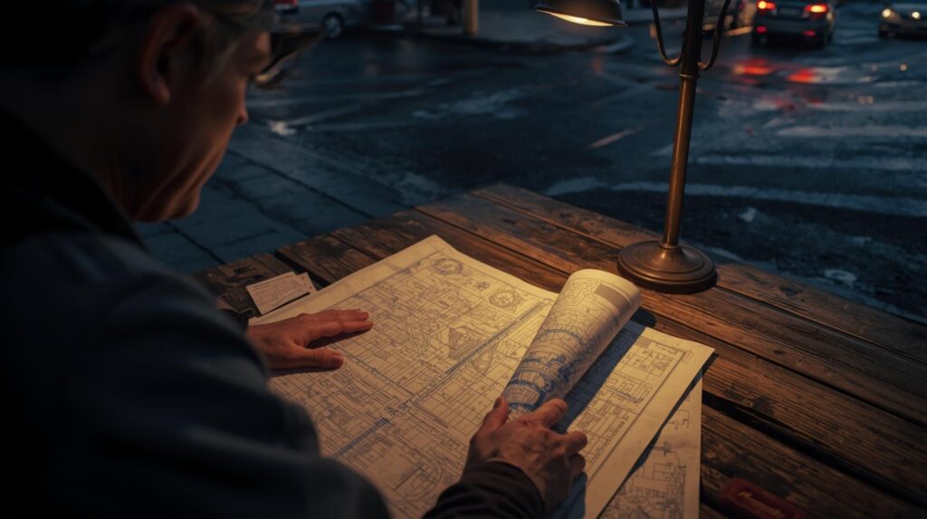 しっかりと立ち止まって地図や計画書を確認している様子や、車のブレーキランプが光っているような「慎重さ」を表す画像。