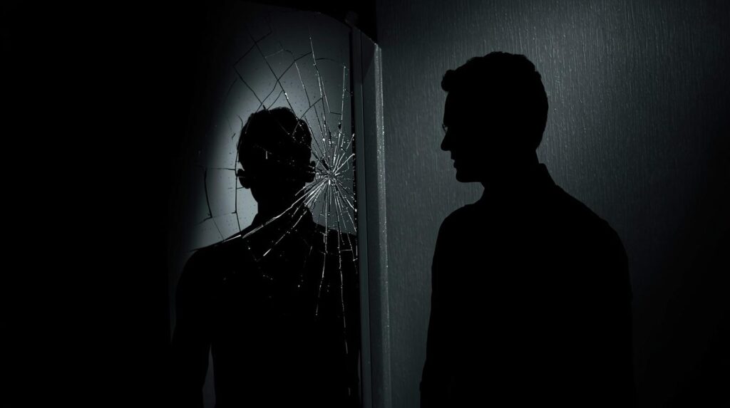 ひび割れた鏡に映る自分を見つめる、不安そうな男性のシルエット。