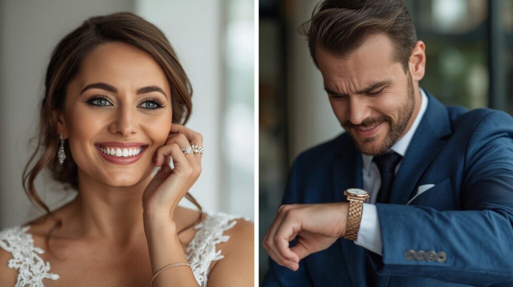 ウェディングドレスや指輪を思い浮かべてウキウキしている女性と、お財布や時計（自由な時間）を見て少し焦っている・プレッシャーを感じている男性の対比