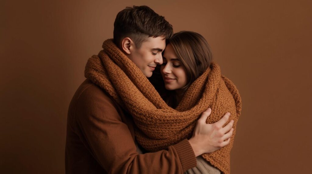 二人で一つの大きなマフラーを巻いているような「一体感」のある写真。