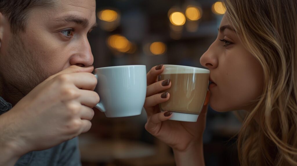 カフェで同時にコーヒーカップを口に運ぶ二人の手元のアップ