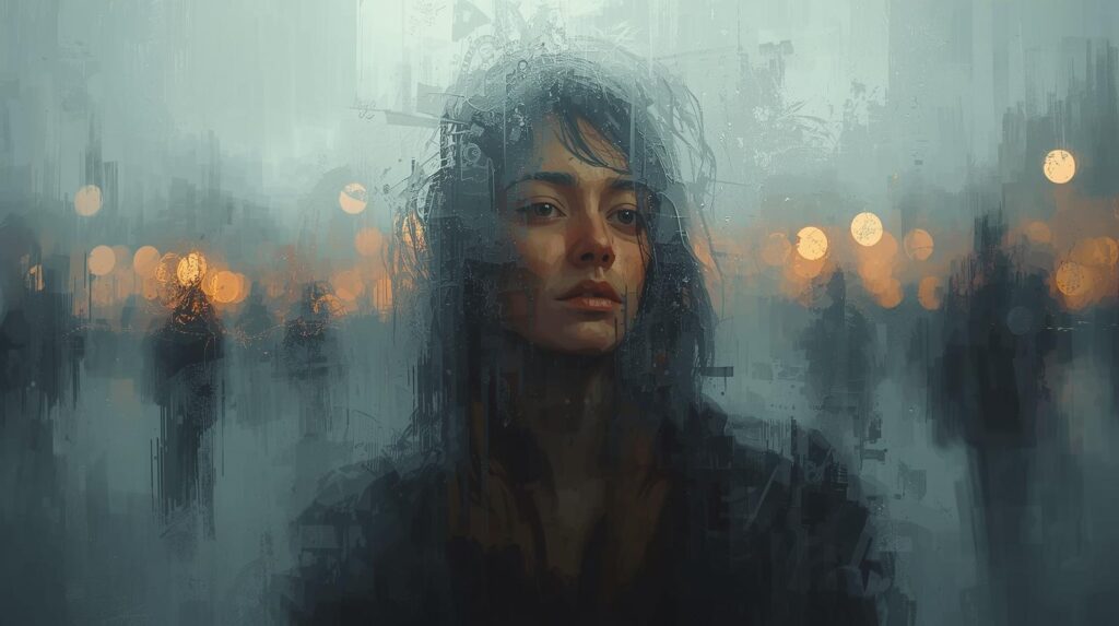 ガラスの壁やバリアのようなものに囲まれて、外の世界（他者）との接触を恐れているような比喩的な描写