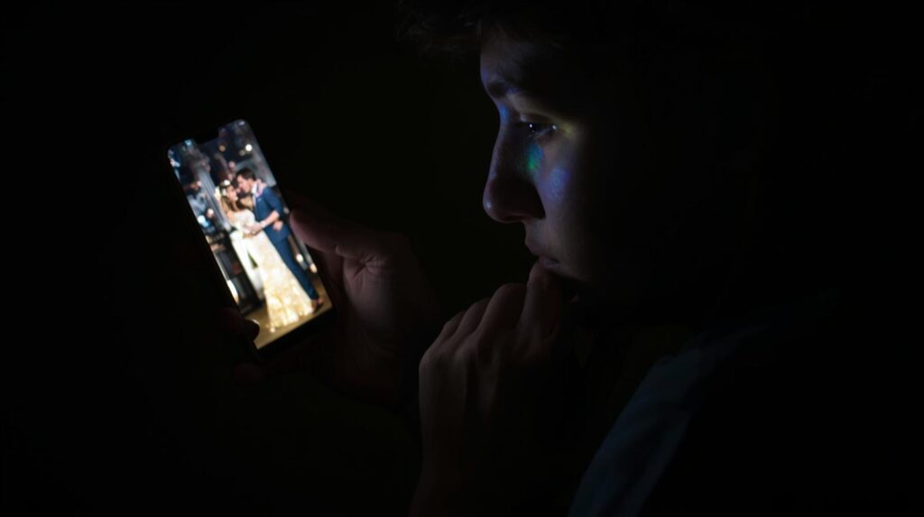 スマホの中でキラキラしたカップルを見て、自分の手元（現実）と見比べている様子。