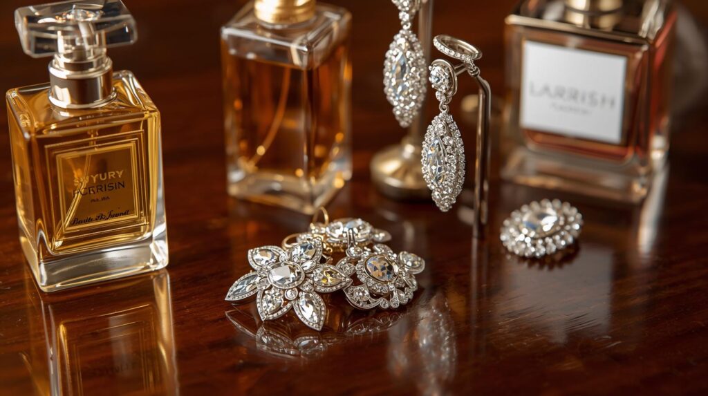 ドレッサーの上に置かれた、お気に入りの香水瓶やキラキラしたピアスのアップ。