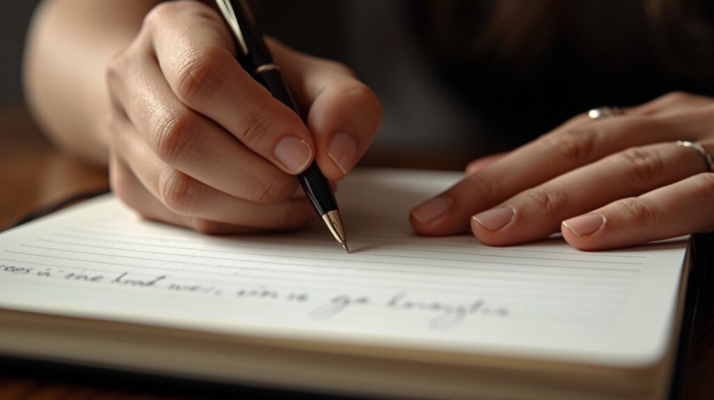 ノートに自分の気持ちを書き出している手元。