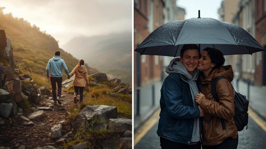 二人で手を取り合って険しい道を登っている様子や、雨の中で一つの傘に入って助け合っているような、苦難を共に乗り越える温かい画像。