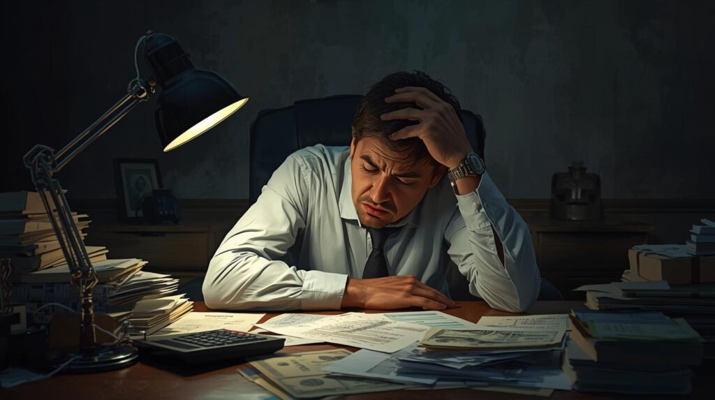 仕事やお金の計算をしてため息をついているような「責任の重さ」を感じさせる画像