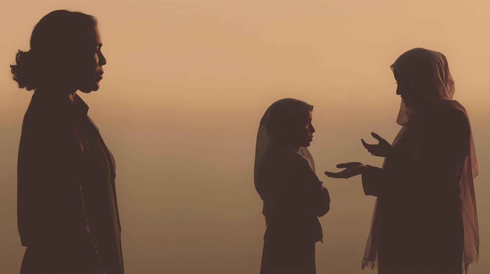 仲良く話す母子の後ろ姿を、少し離れた場所から寂しげに見つめている女性のシルエット。