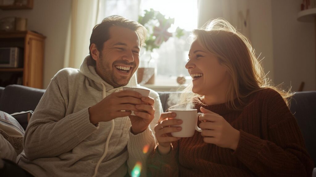休日の朝、部屋着でコーヒーを飲みながら、二人でリラックスして笑い合っている温かい日常の風景