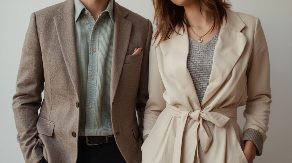 似たようなファッションで並んでいる二人のスナップ。