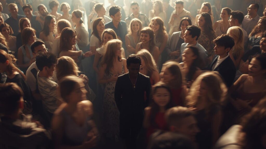 周りは幸せそうなカップルばかりで、孤独感が強調されている様子。