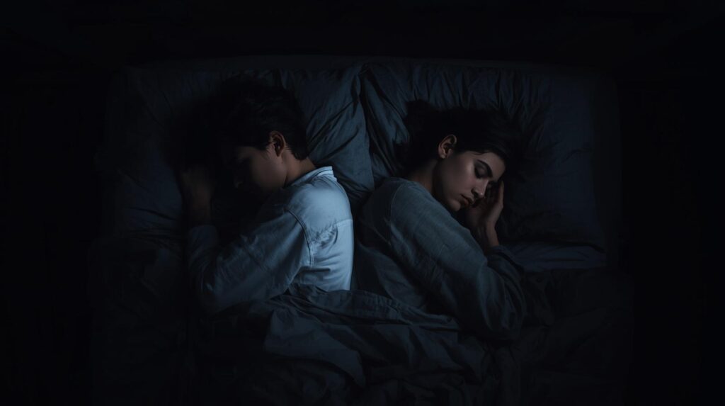 夜の寝室で、背中合わせに寝ている二人の間に、物理的・心理的な距離（隙間）が大きく空いている、少し切ない雰囲気の写真。