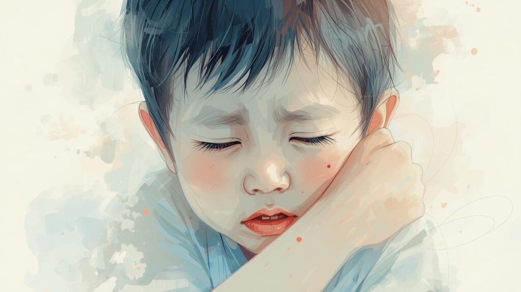 子供を強く抱きしめすぎて、子供が苦しそうな表情をしている抽象的なイラスト。