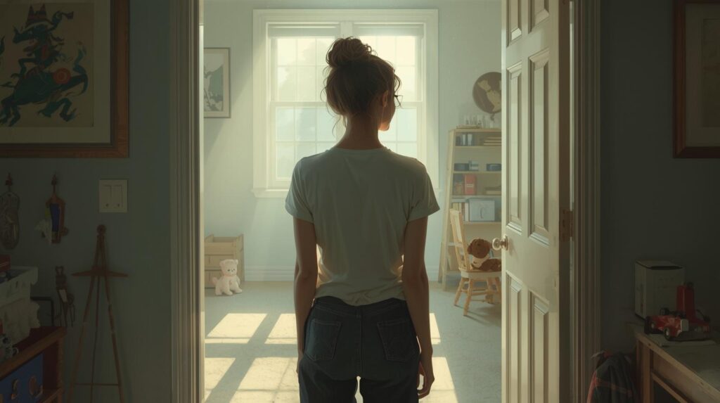 子供部屋の片付けを終え、誰もいなくなった部屋を見つめる女性の背中。