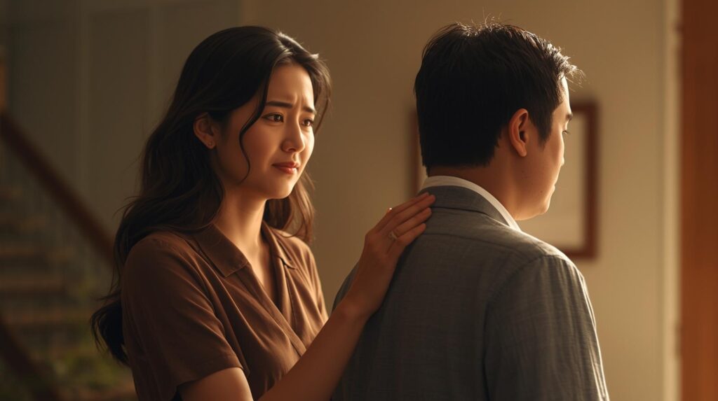 少し不安そうな顔をしている男性の背中や肩に、女性が優しく手を添えて励ましている（寄り添っている）様子