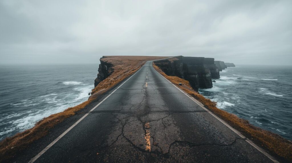崖の淵に立つ一本の道が、唐突に途切れている風景