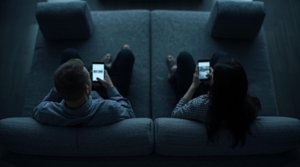 広いソファの両端に座り、お互い背を向けてスマホを見たり、別の方向を見ている冷ややかな空気の男女。