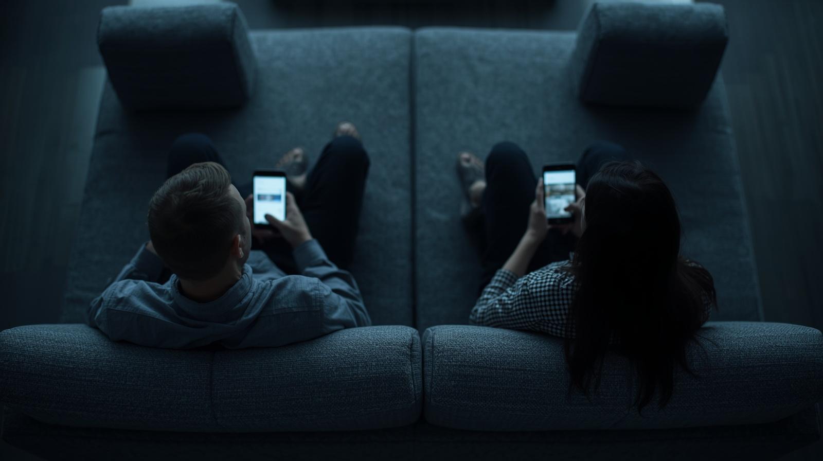 広いソファの両端に座り、お互い背を向けてスマホを見たり、別の方向を見ている冷ややかな空気の男女。