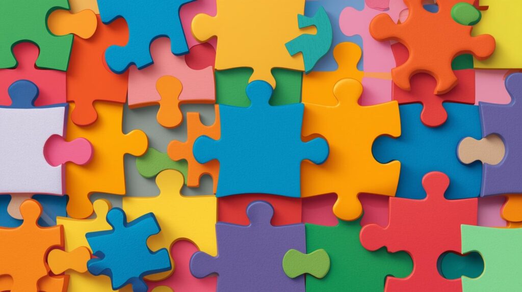形の違うパズルのピースがピタッと合わさるイラスト