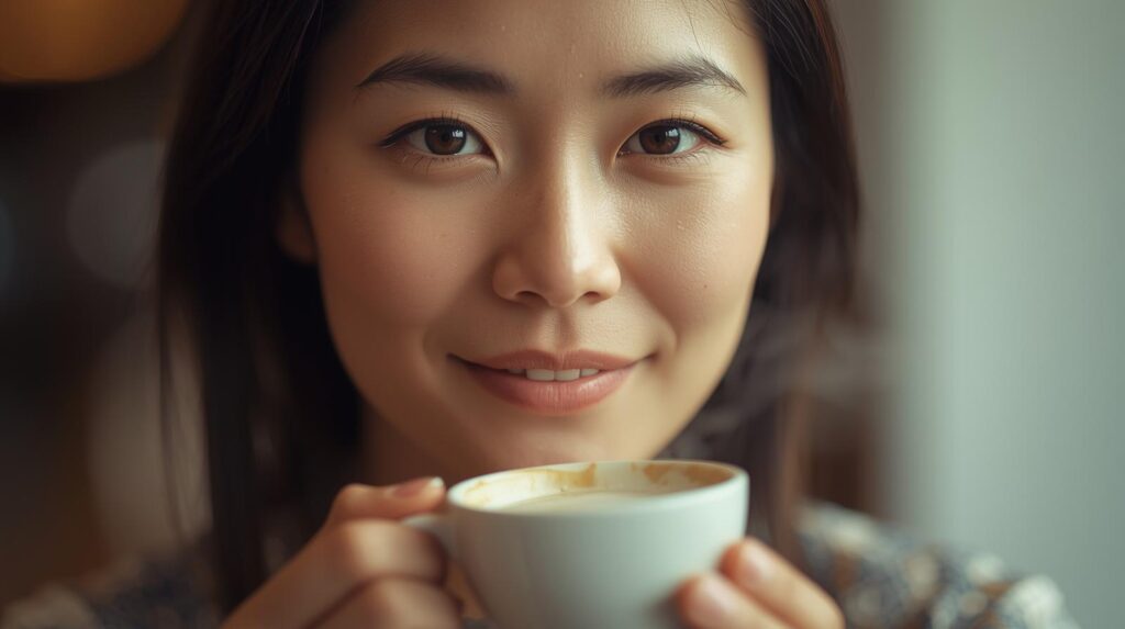 彼に優しく微笑みながらコーヒーを差し出している女性。でも、その瞳の奥には静かな決意があるような描写。