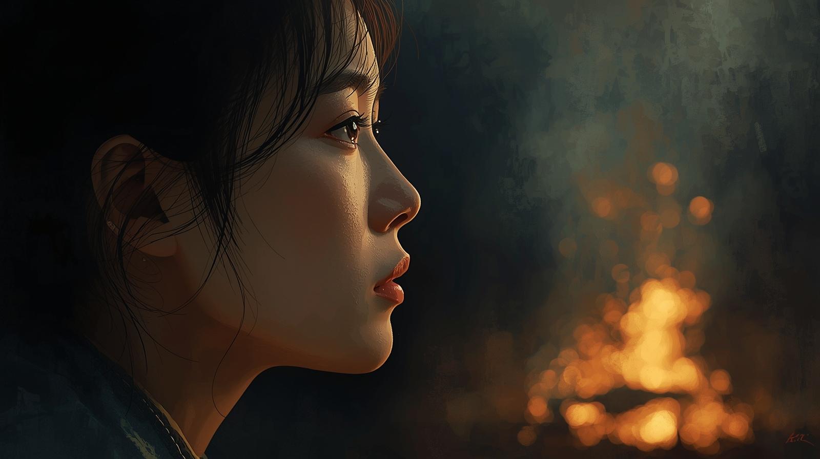 揺らめく炎を遠くから見つめる、少し寂しげな女性の横顔。