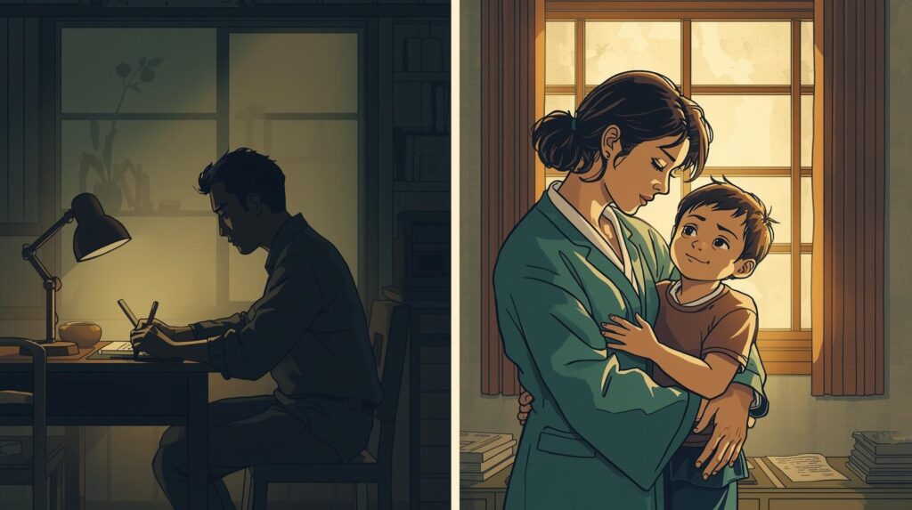 昭和や平成の家庭をイメージさせるような、夜遅くまで働くお父さんの靴と、子供を抱きしめるお母さんの対比的なイラスト。