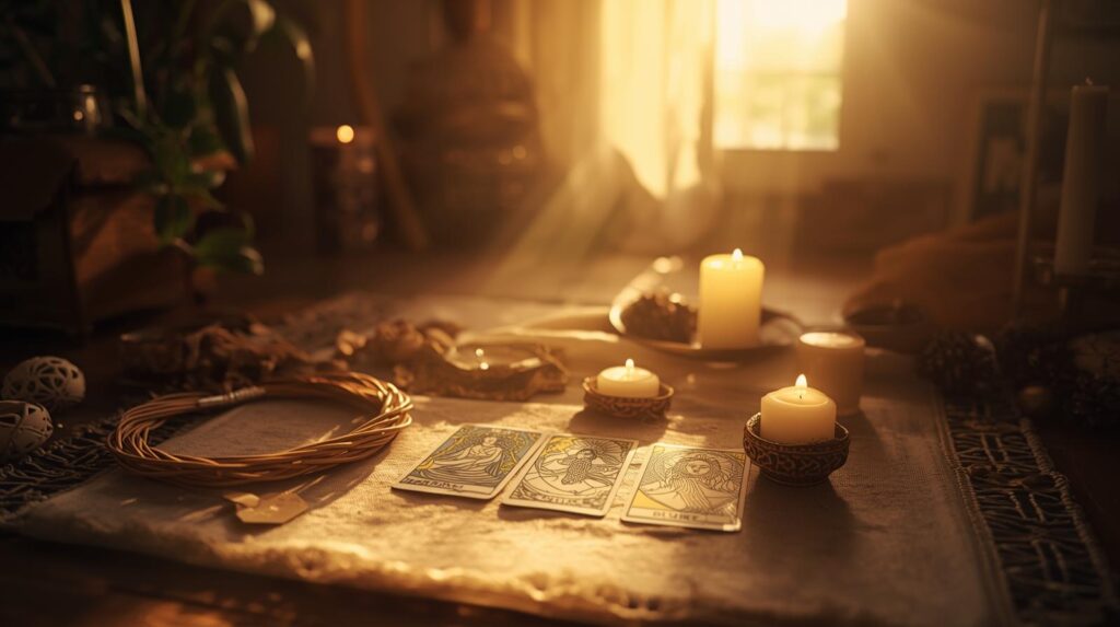 暖かい光の中でタロットカードを一枚引き、静かに自分と向き合っている癒やしの空間