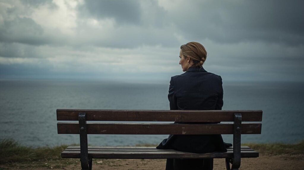 曇り空の下、一人で海を見つめたり、ベンチに座って深く考え込んだりしている、凛とした表情の女性。