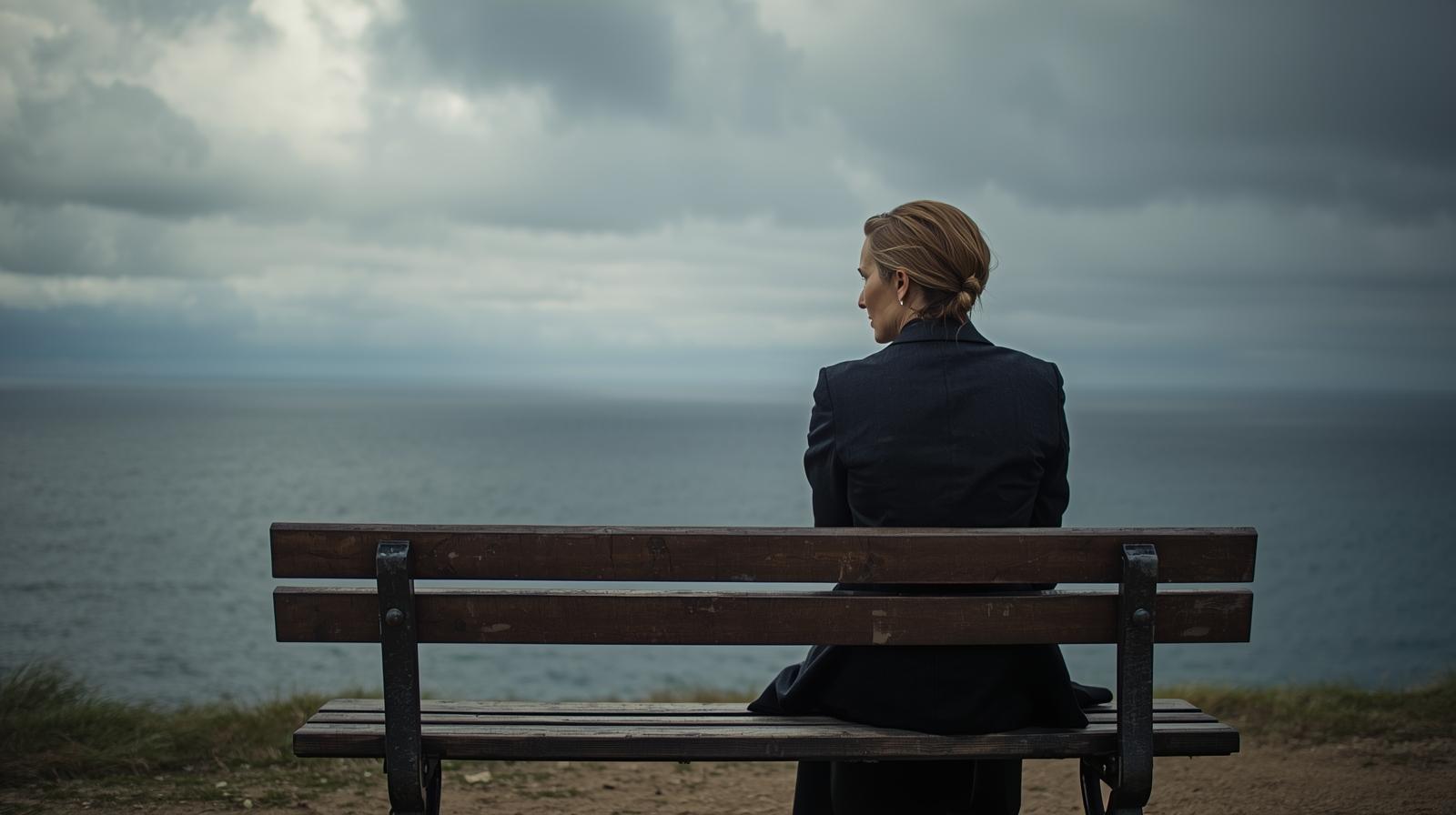 曇り空の下、一人で海を見つめたり、ベンチに座って深く考え込んだりしている、凛とした表情の女性。