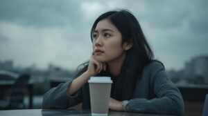 曇り空の下、冷めたコーヒーカップを前に、どこか遠くを見つめている女性。