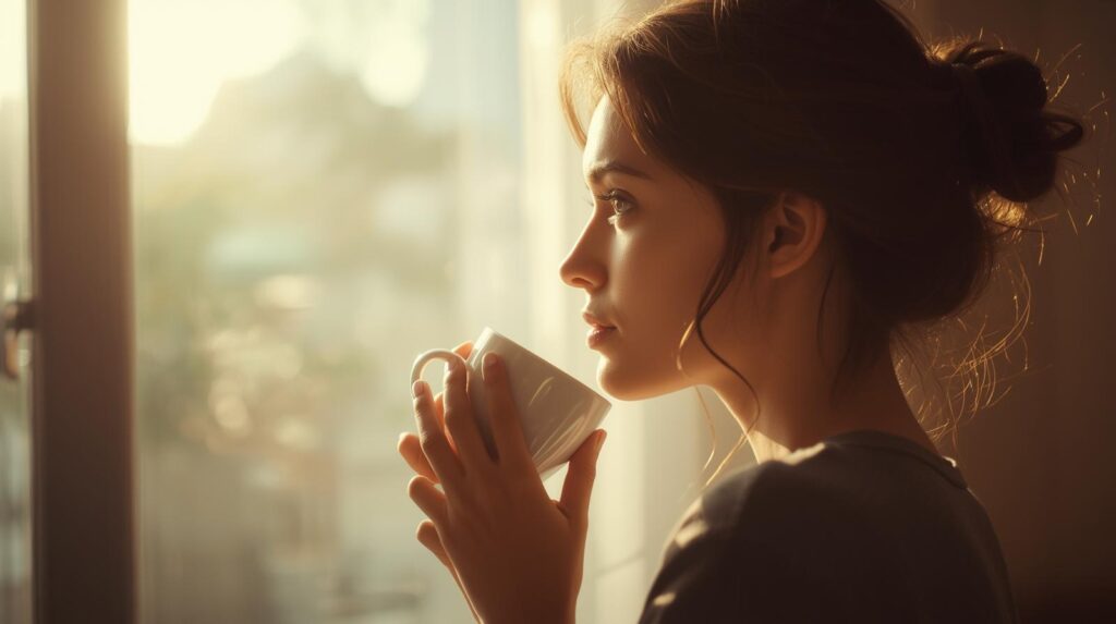 朝の光が差し込む窓辺で、一人静かにコーヒーを飲みながら、前向きに未来を考えようとしている女性の横顔。