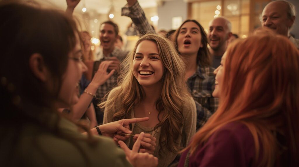 楽しげなホームパーティーや趣味の集まりで、複数の人と笑顔で交流している様子。