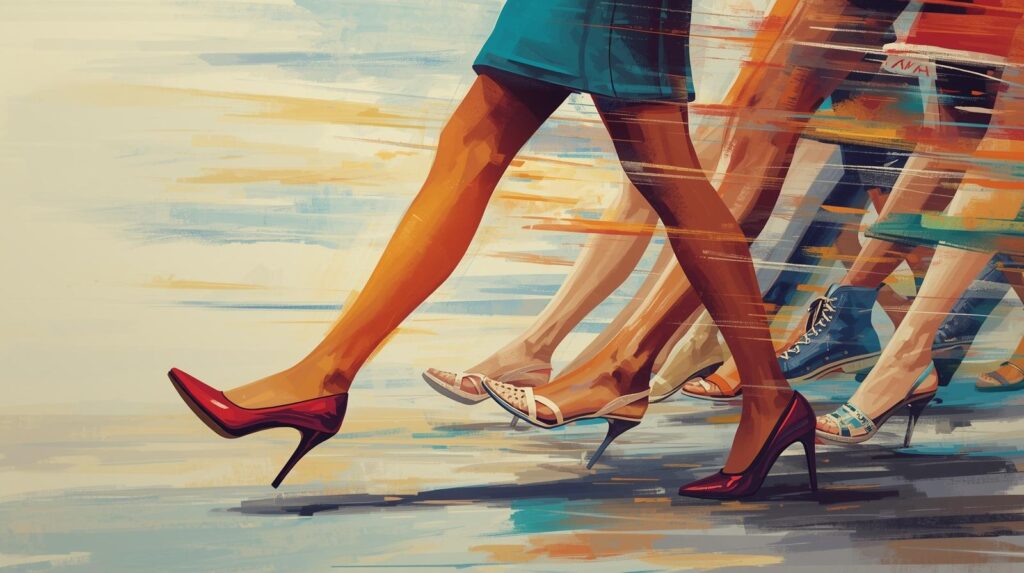 次から次へと新しい靴に履き替えて、どこか必死な表情で走り続ける女性の比喩的なイラスト