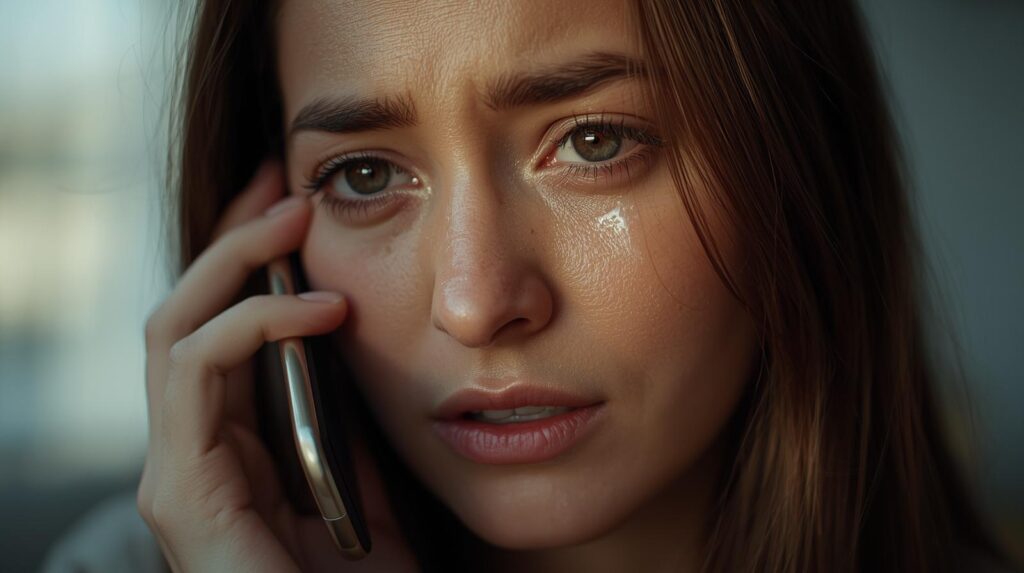 涙を拭いながらスマホで誰かに相談しようとしているアップ