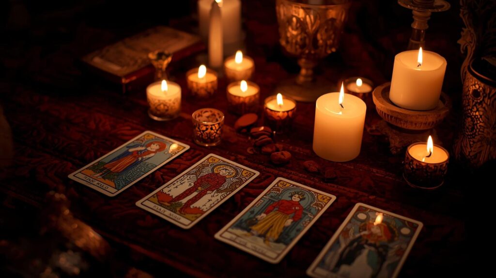 温かい色のキャンドルとタロットカードが並ぶ癒やしの空間。
