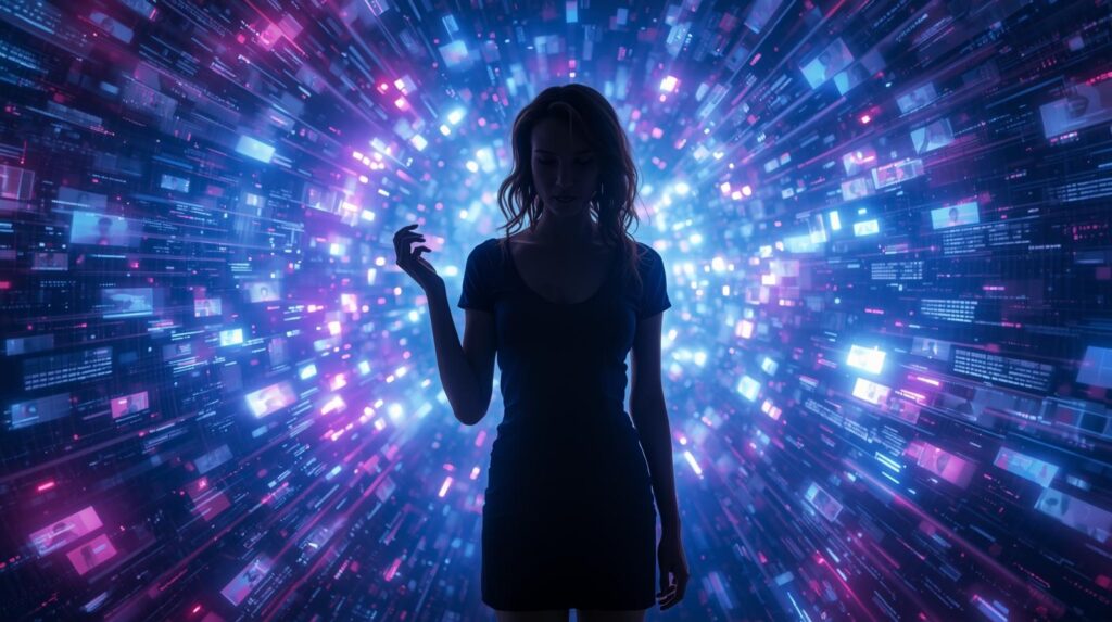 無数のマッチングアプリのプロフィール画面のような、デジタルな光が溢れる中、迷っている女性のシルエット。