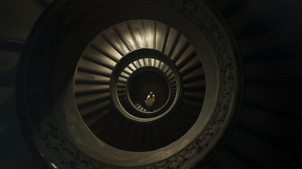 無限に続く螺旋階段を降りているような、ループを象徴するイメージ