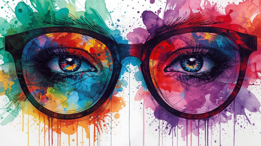 異なる色の眼鏡やフィルターを通して世界を見ているような、抽象的でスタイリッシュな描写