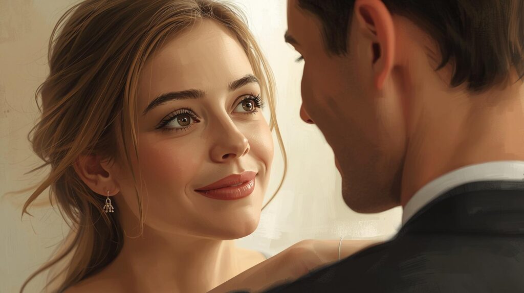 相手の男性を温かい目線で見つめ、何かを褒めているような、優しい空気感。