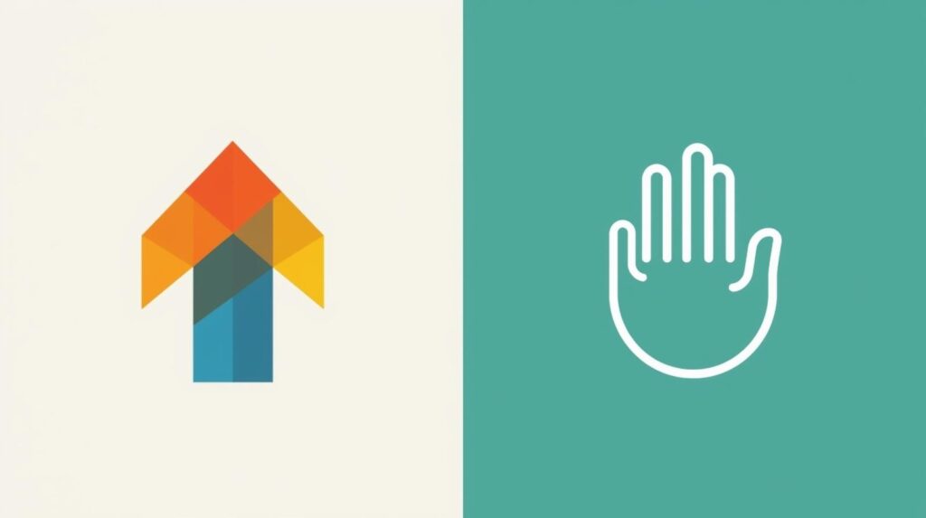 矢印が上を向いている（ポジティブ・前進）アイコンと、手のひらでストップをかけている（慎重・回避）アイコンの対比