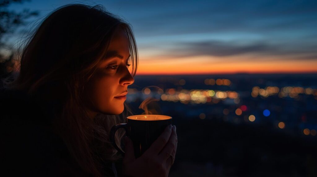穏やかな夕暮れ時、遠くの街明かり（他人の幸せ）を眺めながら、手元の温かいお茶（自分の幸せ）を慈しんでいる女性