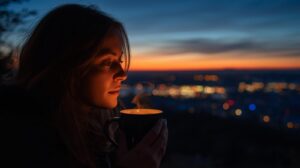 穏やかな夕暮れ時、遠くの街明かり（他人の幸せ）を眺めながら、手元の温かいお茶（自分の幸せ）を慈しんでいる女性