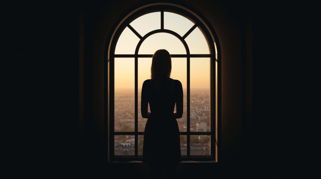 窓の外の自由な世界を静かに見つめている女性のシルエット。