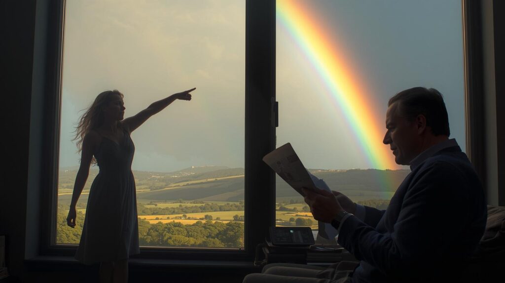 窓の外の虹や綺麗な景色を指差す女性と、それを見ようともせず新聞やスマホに没頭する男性の対比