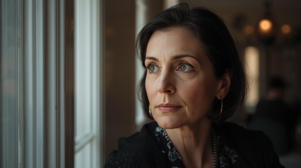 窓の外を見つめながら、自分の趣味ややりたいことに思いを馳せる凛とした女性。