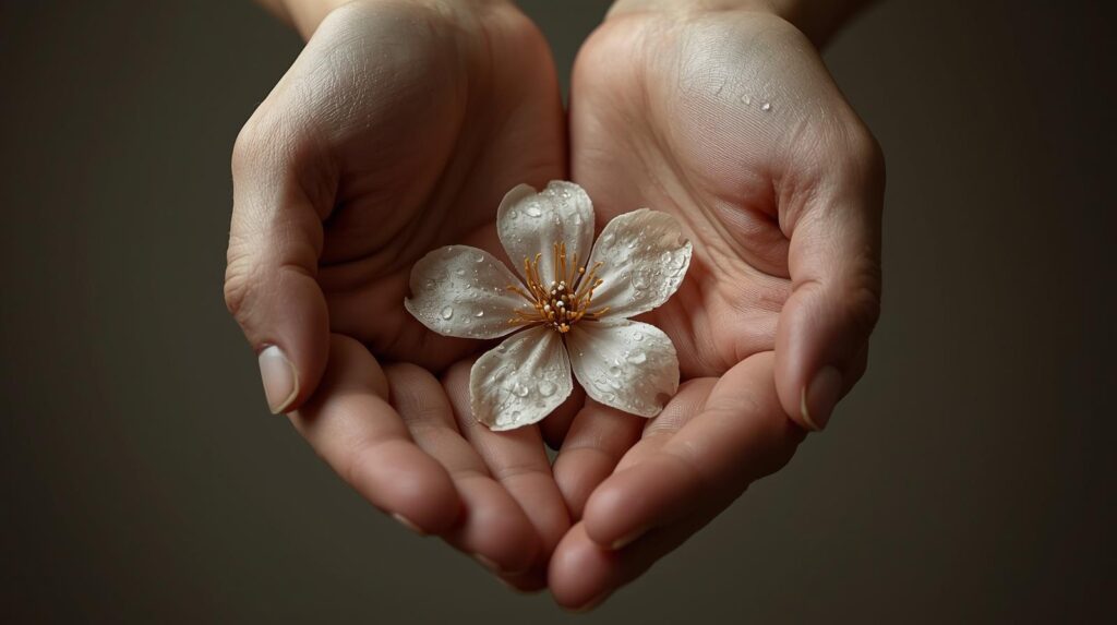 繊細な花を両手で優しく包み込むように守っている手元